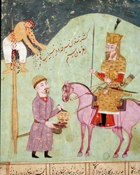 Arte islámico: un enemigo es empalado y decapitado. Miniatura persa de un manuscrito del poema épico «Shahnameh» (Shah Nama, Shahnama) (Libro de los Reyes) de Ferdousí (Firdawsi, o Ferdawsi, o Firdousi, ca. 940-hacia 1020). Biblioteca Nazionale, Nápoles