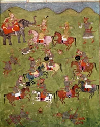 Arte islámico: escena de batalla. Miniatura persa de un manuscrito del poema épico «Shahnameh» (Shah Nama, Shahnama) (Libro de los Reyes) de Ferdowsi (Firdawsi, Ferdawsi o Firdousi, ca. 940-alrededor de 1020). Biblioteca Nazionale, Nápoles