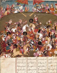 Arte islámico: escena de batalla. Miniatura persa de un manuscrito del poema épico 