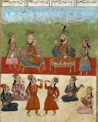 Arte islámico: concierto y entretenimiento en un harén. Miniatura persa de un manuscrito del poema épico «Shahnameh» (Shah Nama, Shahnama) (Libro de los Reyes) de Ferdousí (Firdawsi, Ferdawsi o Firdousi, ca. 940-alrededor de 1020), Biblioteca Nazionale