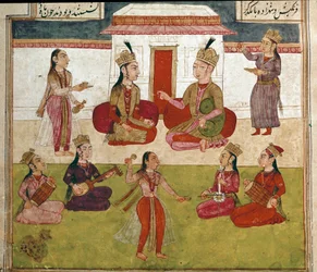 Arte islámico: concierto y entretenimiento en un harén. Miniatura persa de un manuscrito del poema épico «Shahnameh» (Shah Nama, Shahnama) (Libro de los Reyes) de Ferdowsi (Firdawsi, Ferdawsi o Firdousi, ca. 940-alrededor de 1020). Biblioteca Nazionale