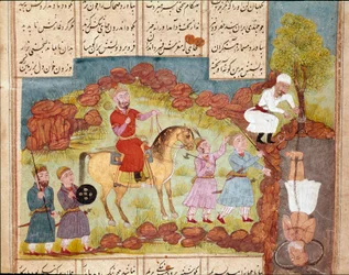 Arte islámico: escena de tortura de un enemigo, enterrándolo vivo al pie de un árbol. Miniatura persa de un manuscrito del poema épico "Shahnameh" (Libro de los Reyes) de Ferdowsi (ca. 940-1020)