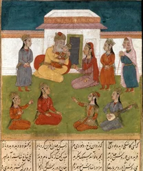 Escena de harén en una miniatura persa de un manuscrito del poema épico «Shahnameh» (Shah Nama, Shahnama) (Libro de los Reyes) de Ferdousí (Firdawsi, Ferdawsi o Firdousi, ca. 940-alrededor de 1020), Biblioteca Nazionale, Nápoles