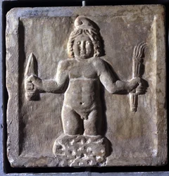 Representación de Mitra (o Mithra), una deidad iraní, nacido de una roca. Bajorrelieve. Se le representa compartiendo una comida con Sol. Palacio de los Conservadores, Roma.