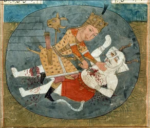 Rostam, hijo de Zal, matando al demonio blanco de Mazandarán, miniatura de un manuscrito del poema épico Shahnama (Shahnameh) de Firdawsi (gouache sobre papel).