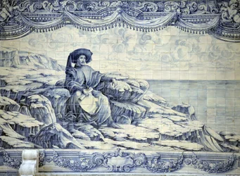Enrique el Navegante, sentado, mirando al mar - Azulejo de los alrededores de Lisboa (Sintra)