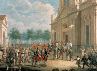 Catalina II (1729-1796) en las escaleras de la Catedral de Kazan (San Petersburgo), recibida por el clero el día de su ascensión al trono, 28 de junio de 1762. (Catalina II en la Escalera de la Catedral de Kazan, Saludada por el clero en el día o
