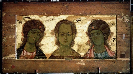 Cristo Emmanuel rodeado por los Arcángeles Miguel y Gabriel (Cristo Emmanuel con los Arcángeles Miguel y Gabriel). Ícono ruso, témpera sobre madera, finales del siglo XII. Arte de Vladimir (Rusia). Galería Estatal Tretyakov, Moscú (Rusia).