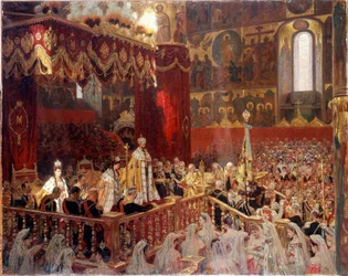 Coronación de Nicolás II en 1896 en la catedral de la Dormición de Moscú - pintura rusa anónima