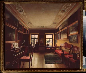 En la sala. (Dos hombres conversando frente a la ventana de una habitación con un piano, decorada con cuadros). Pintura de un maestro ruso, óleo sobre lienzo, hacia 1830. Arte ruso