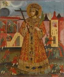 Dimitri Ivanovich (1582-1591) (zarevich Demetrio o Dimitri o Dmitri de Úglich o Dmitri de Moscú) - Icono ruso: zarevich Demetrio con escenas de asesinato. Témpera sobre tabla, principios del siglo XIX, Museo Estatal de Arquitectura, Historia y Arte
