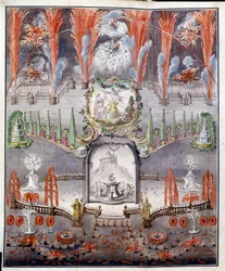 Fuegos artificiales e iluminación el 17 de septiembre de 1747 en Gostilitsy (Rusia). Obra anónima, grabado en cobre coloreado a la acuarela, mediados del siglo XVIII. arte ruso