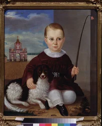 Niño con un perro frente a la puerta roja (Moscú). Pintura de un maestro ruso, óleo sobre lienzo 1840. Arte ruso del siglo XIX. Museo Estatal V. Tropinin, Moscú.