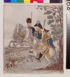 Héroes de la Guerra Patriótica de 1812: Príncipe Mikhail Kutuzov (Golenishchev Kutuzov) (Golenishchev-Koutuzov) (1745-1813), G. Platov (?) y Peter Wittgenstein (1769-1843). Con la Grande Armee durante la invasión de Rusia, bajo el mando