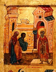 Icono que representa a Joaquín y Ana visitando el Templo en Jerusalén, c.1550 (detalle)
