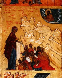 Icono que representa la aparición milagrosa de la Virgen al Príncipe Andrei Bogoliubski en 1155, c.1550 (detalle)