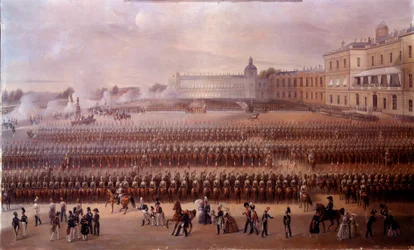 Inauguración en 1852 del monumento dedicado a Pablo I en Gatchina bajo el gobierno de Nicolás I (Rusia)
