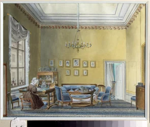 Interior de la casa de E. Boratynsky (Evgueni Baratynski) (1800-1844) en Moscú (Interior de la casa de E. Boratynsky en Moscú). Pintura de un maestro ruso del siglo XIX. Acuarela sobre papel, hacia 1830. Arte ruso, clasicismo. Museo Estatal de E. Boratynsk