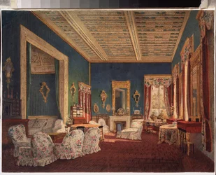 Interior de la mansión Denezhnikovo. Pintura de un maestro ruso, óleo sobre lienzo, mediados del siglo XIX. arte ruso Museo de Historia y Arte, Ramenskoye (Rusia).