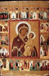 La Virgen de Tikhvin con las Maravillas (La Virgen de Tikhvin con las Maravillas). Icono ruso, principios del siglo XVII. arte ruso Museo Estatal de Arte de la República de Chuvash, Cheboksary (Chuvashia).