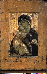 La Virgen de Vladimir (La Virgen de Vladimir). Representación tradicional de la Virgen de la ternura y el niño Jesús acurrucados contra el rostro de su madre. El ícono ortodoxo más venerado de Rusia, muchas veces copiado. Icono bizantino, témpera
