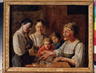 El adivino. (Vieja prediciendo el futuro en las cartas). Pintura de un maestro ruso, óleo sobre cartón, principios del siglo XIX. Museo Estatal Ruso, San Petersburgo.