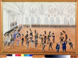 El Desfile de la Guardia. Pintura anónima. Acuarela sobre papel, hacia 1820. Arte ruso, sátira. Museo Conmemorativo A. Pushkin, San Petersburgo.
