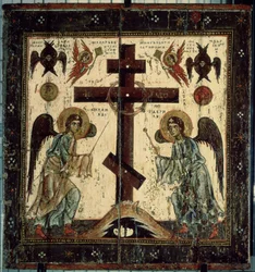 La Adoración de la Cruz. Dos ángeles adorando la cruz ortodoxa rusa. Ícono ruso, témpera sobre madera, entre 1130 y 1200, arte de Novgorod (Rusia). Galería estatal Tretyakov, Moscú (Rusia).