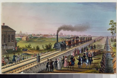 La llegada del primer tren de San Petersburgo a Tsarskoye Selo, 30 de octubre de 1837. Obra de un maestro ruso, acuarela sobre papel