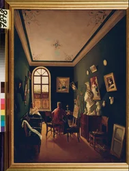 El estudio del pintor. Pintura de un maestro ruso, óleo sobre lienzo.
