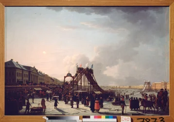 Los ocho grandes (la montaña rusa) en el Neva de San Petersburgo. (Tobogán efímero para la temporada de invierno). Pintura de un maestro ruso, óleo sobre lienzo.