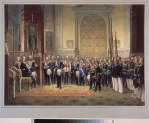 El juramento de lealtad de Tsarevich Nicholas Alexandrovich Romanov de Rusia (1843-1865) en la iglesia del ejército. Obra de un maestro ruso, acuarela sobre papel