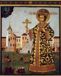 Tsarevich Demetrius (1582-1591) (o Dimitri de Moscú, frente a la ciudad de Uglich, en Rusia). Pintura anónima, témpera sobre madera