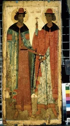 ""Santos Boris y Gleb, hijos de Vladimir I de Kyiv"" Ícono ruso. Pintura sobre madera alrededor de 1450. Galería Estatal Tretyakov, Moscú