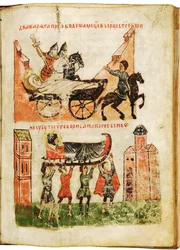 La historia de los santos Boris y Gleb. Príncipes mártires, asesinados en 1015, fueron canonizados en 1072 y su culto es muy fervoroso para los cristianos ortodoxos. Obra anónima de Nóvgorod, segunda mitad del siglo XIV