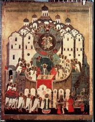 ""Liturgia. Synaxis de los Arcángeles"" icono ruso. Pintura sobre madera del siglo XVI. Galería Estatal Tretyakov, Moscú