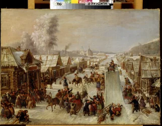 Carnaval. Escena de festividades tradicionales y regocijos populares en una calle nevada de una pequeña ciudad de casas de madera. Se ha habilitado una pista de trineo y los habitantes beben y se saludan alegremente. Pintura anónima