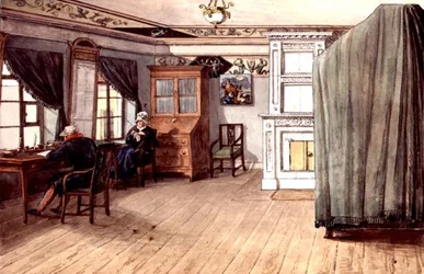 Sala de escritura neoclásica con una pareja de ancianos