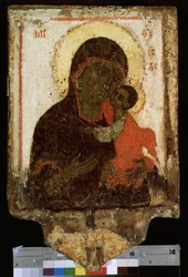""Nuestra Señora (Nuestra Señora) de la Ternura"" o ""Virgen Eleusa (Eleousa)"" Ícono ruso. Pintura sobre madera de finales del siglo XIV principios del siglo XV. Museo Estatal Ruso San Petersburgo