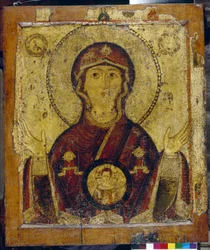 Notre Dame du Signe - Icone russe, tempera sur bois (73,4x64 cm), debut 13eme siecle - (Nuestra Señora del Signo, Témpera sobre tabla, icono ruso, principios del siglo XIII) - Galería Estatal Tretyakov, Moscú