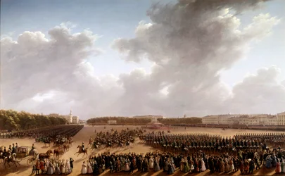 Desfile en los Campos de Marte, en primer plano Alexander Pushkin (Pushkin) (1799-1837) y Nicolás I (1796-1855) a caballo yendo al frente de la emperatriz en un carruaje en París