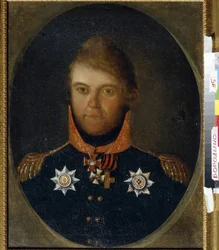 Retrato Dmitry Petrovich Neverovsky (1771-1813). Un oficial militar ruso, está vestido con su uniforme y sus medallas honoríficas, incluida la cruz de San Jorge (cruz blanca con cinta naranja y negra), la medalla de la orden de San Vladimir (cruz r