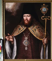 Retrato del Archimandrita Gedeon Krinovsky (1726-1763). (Superior de un monasterio ortodoxo (abad), con el klobouk (tocado) y una joya pectoral que representa la Sábana Santa). Pintura de un maestro ruso, óleo sobre lienzo.