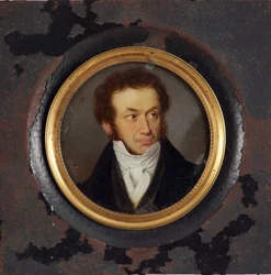 Retrato del escritor Alexander Pushkin (1799-1837) - Obra anónima, gouache sobre pergamino (8,5x9 cm), hacia 1830 - Retrato del autor Alexander Pushkin, Gouache sobre pergamino, anónimo
