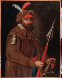 Retrato del líder cosaco Yermak Timofeyevich (nacido entre 1532 y 1542-1585), conquistador de Siberia. Pintura anónima, óleo sobre lienzo, principios del siglo XVIII. Museo Estatal de Arte, Tomsk (Rusia).
