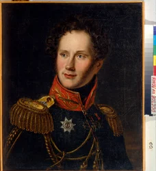 Retrato del Conde Alexei Fyodorovich Orlov (1787-1862). (Alexey Fyodorovich Orlov), entonces conde príncipe, soldado y diplomático ruso. Pintura anónima, óleo sobre lienzo, hacia 1810. Arte ruso