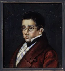 Retrato del dramaturgo Alexander Sergeyevich Griboiedov (Alexander S. Griboyedov) (1795-1829). Obra de un maestro ruso, acuarela y gouache sobre cuerno, hacia 1820. Arte ruso