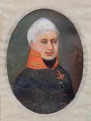 Retrato del poeta Anton A. Delvig (Delwig) (1798-1831). (en uniforme militar). Obra de un maestro ruso, acuarela y gouache sobre cuerno, hacia 1800. Arte ruso del siglo XIX. Museo Estatal de Arte, Tula (Rusia).