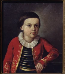 Retrato del poeta Mikhail Lermontov (1814-1841), de niño. Pintura de un maestro ruso, óleo sobre lienzo.