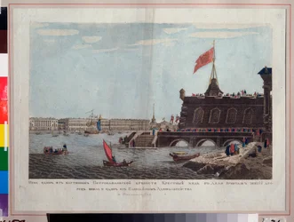 Procesión de Semana Santa frente a la fortaleza de Pedro y Pablo en San Petersburgo. Obra anónima, acuarela y tinta sobre papel, principios del siglo XIX. Arte ruso, romanticismo. Museo Estatal de la Marina Central, San Petersburgo.